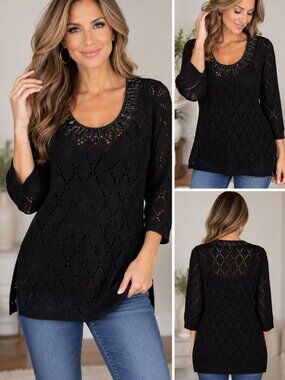 WHBM Black Crochet Knit Tunic Sweater Embellished Neckline Size M